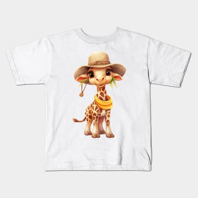 Giraffe in Straw Hat Kids T-Shirt by Chromatic Fusion Studio